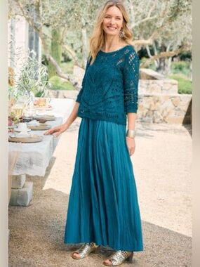 Soft Surroundings Mizu Crinkle Maxi Skirt Teal Boho Flowy Elastic Waist XS